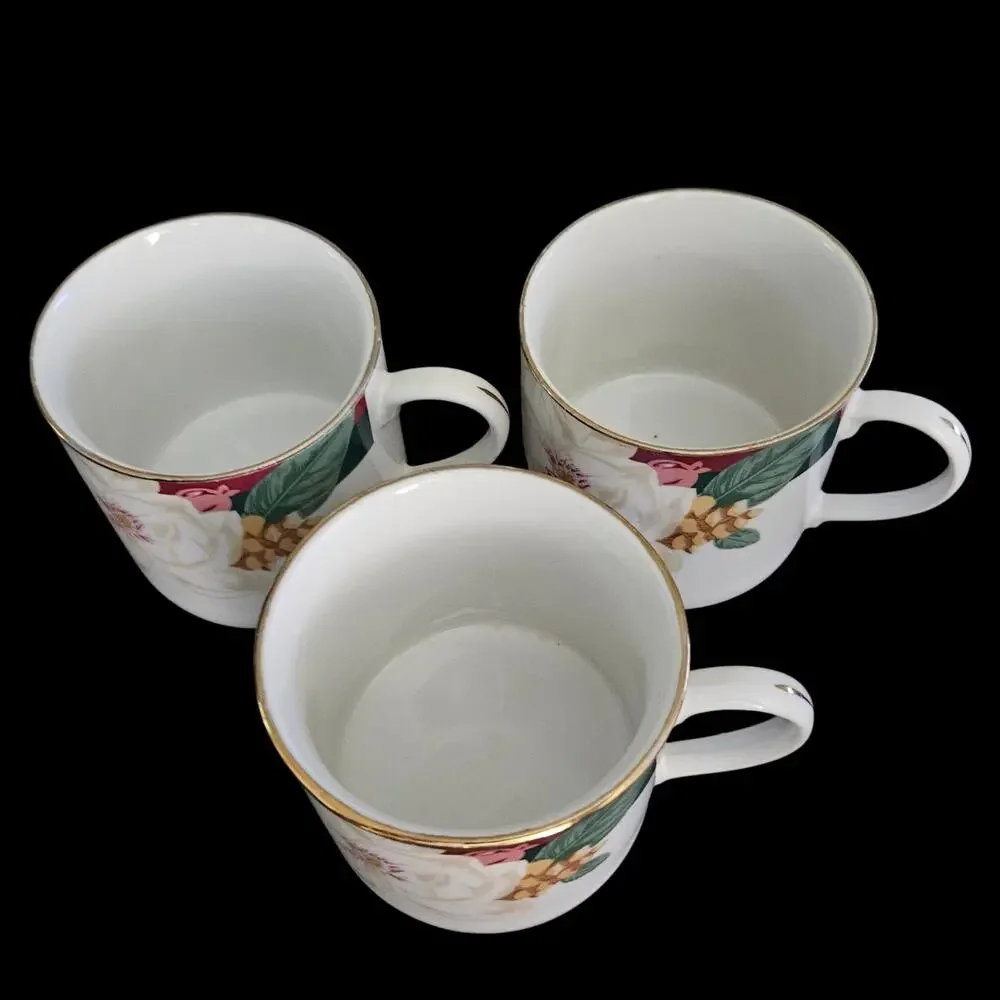 Tienshan Magnolia Fine China Coffee Tea Cups Set of 3 Floral Gold Trim